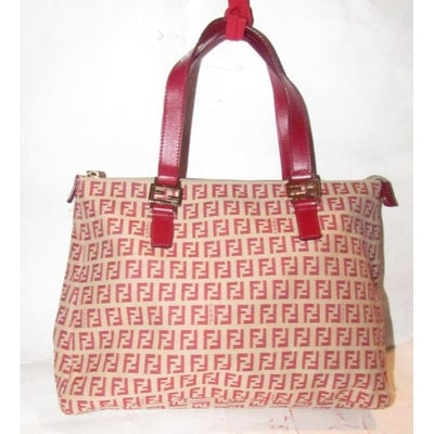Fendi Top Handle Style Purse Red Zucchino Print On Tan Canvas And Leather Satchel: For sale is an amazing, FENDI, true red small F or 'Zucchino' logo print on tan canvas and red leather, satchel style top handle or shoulder purse with gold hardware, a top zip closure, and two leathe