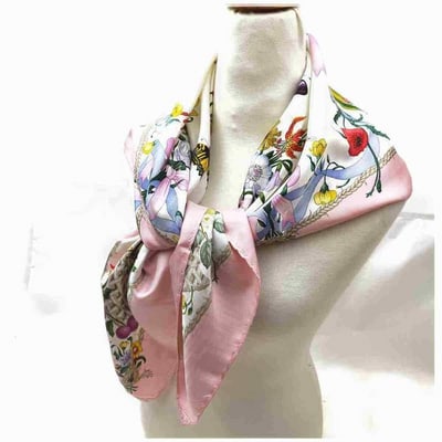 Gucci Colorful Floral Berry Print Extra Large Silk Scarf: For sale is an early Gucci, extra large, square, 100% silk scarf with a multi-color, strawberry, fruit, ribbon, butterfly, and violet floral basket design, pink trim, rolled edges and an ivory backgro