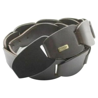 GUCCI Brown Leather Links Wood Bamboo Buckle: For sale is a RARE, Gucci, brown leather belt with oval leather links, an oval wood buckle with black enamel, and a hook that slides into hole to secure! The belt by Gucci is unique and very eye-catch