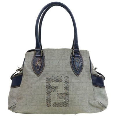 Fendi XL Du Jour Satchel in Denim Blue Zucco Print Canvas & Deep Blue Calfskin Leather: For sale is a Fendi 'Du Jour', amazing supple deep blue calfskin leather and large F logo/Zucco print canvas XL size satchel with two hard, rolled leather handles, a tricolor beaded, grommet 'FF' XL