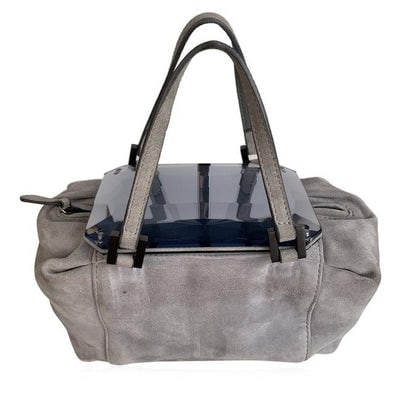 Fendi Shoulder Bag W Be Jewel Style Faceted Grey Suedeblue Resin Top And Satchel: For sale is a rare, Fendi, 'Be Jewel', grey suede satchel with a faceted blue resin hinged top with a mirrored bottom, two flat suede handles, a zip top closure, a footed bottom, multiple pockets, and