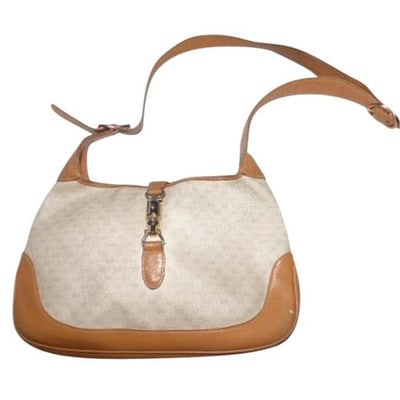 Gucci Jackie Hobo Vintage Beige Shoulder Bag Leather w GG Logo: * For sale is a classic, complete, RARE, Gucci, camel small G logo on cream coated canvas/camel leather Jackie- O bag with extender strap, gold horse-bit accent, & piston clasp! It is a the classi