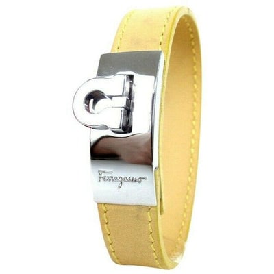 Salvatore Ferragamo Yellow Leather Chrome Gancini Buckle Accent Bracelet: For sale is an AMAZING, Salvatore Ferragamo, substantial, bangle style bracelet with an engraved, chrome 'Gancini' buckle at the center that asks as a clasp, a yellow leather band, and the original Fe