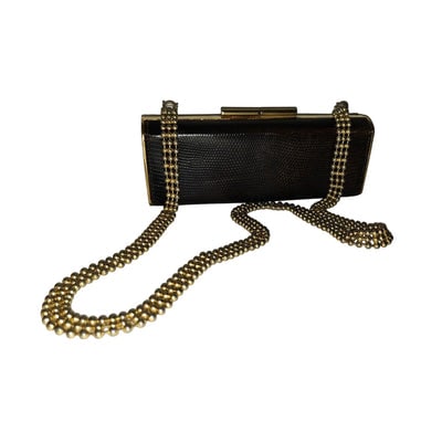 Gucci python two-way boxy 50's purse w gold chain strap: For sale is a 1950's Gucci, brownish black python leather, hard & boxy two-way clutch or shoulder style evening bag with a gold, removable, beaded, three row, chain strap, hinged top, and cool mod