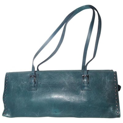 Bally Teal Blue Leather Satchel With Chrome Studded Accents: * For sale is a Bally, teal blue leather, boxy, satchel style purse with chrome studded accents, a zip top, and two, longer straps! It is an unusual design from Bally that has an edgy, European style