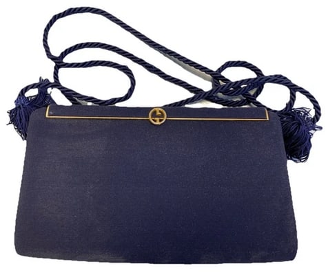 Gucci mod sapphire blue silk & leather two- way w silk corde strap: For sale is an authentic, rare, 1960's, AMAZING, Gucci, mod, sapphire blue silk & leather, hinged opening, two- way, cross- body / clutch style purse with a sleek linear, gold latch top clasp with