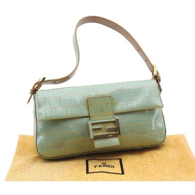 Fendi Aqua Zucchino Print On Gold Patent Leather Baguette w Enamel FF Clasp: For sale is an AMAZING, Limited Edition, Fendi, aqua blue Zucchino print on gold/khaki patent leather and muted gold leather, baguette style shoulder bag with a gold and enamel FF logo clasp, envelope