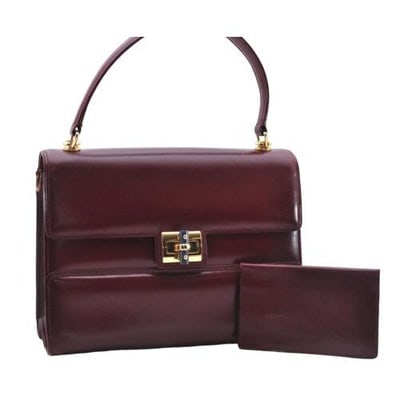 Gucci burgundy top handle Kelly bag w blue lapis clasp & wallet: For sale is a 1960's mod Gucci, unique, burgundy leather, top handle Kelly style bag with a beautiful, blue, lapis lazuli accent at the clasp, a matching, foldover leather wallet, an envelope top clos