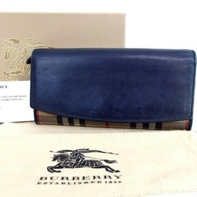 Burberry Nova Check Plaid & Blue Leather XL Wallet: For sale is a Burberry, Nova Check Plaid XL checkbook size continental wallet in red, tan, black, and ivory, wide pane plaid design canvas and blue leather with a zip close change purse, multiple slot