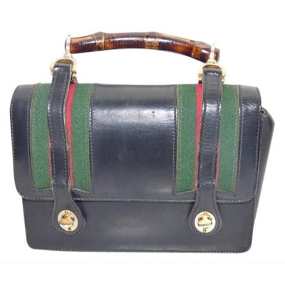 Gucci Black Leather Lunch-box Satchel w Bamboo Handle & Red & Green Stripes: For sale is a RARE, collectible, mod, early Gucci, black leather, lunchbox style satchel with a bamboo handle! It is the original 1960's classic mod Gucci! It would be great used as your signature bla
