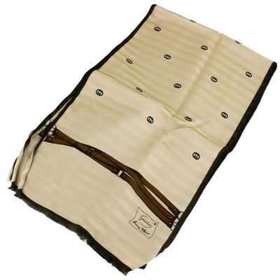 Gucci Brown Ivory Logo Equestrian Print Silk Jacquard Scarf: For sale is a Gucci, equestrian print, 58" x 11", 100 % silk scarf in brown, gold and black on an ivory jacquard background with a GG logo design, a multi-colored striped snaffle design, and horse-bit