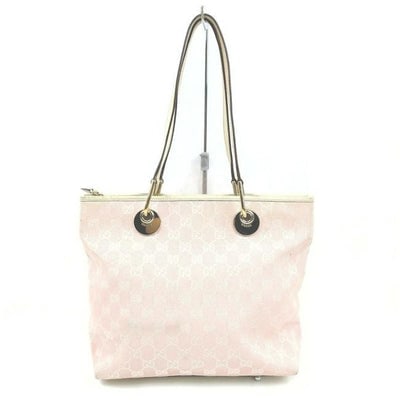 Gucci Pink Guccissima Print Canvas And White Leather Eclipse Bucket Bag: For sale is a Gucci, 'Eclipse', pink Guccissima print canvas and white leather, medium sized tote with a zip top closure, tapered shape, leather footed bottom, bold gold hardware, and two straps. It