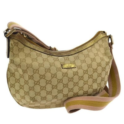Gucci Gg Supreme Shoulder W Canvas Leather Sherry Stripe Strap Guccissima Print Gold Pink Tan: For sale is a Gucci, light brown large G logo print canvas & gold leather, extra large, hobo style, shoulder or cross body purse with a pink & gold/tan wide strap and gold leather accents! It