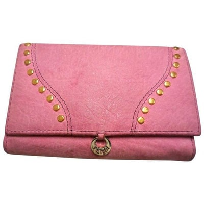 Fendi Pink Suede Leather With Gold Studs Bi Fold Wallet: For sale is a Fendi, pink suede leather, large wallet with lots of small and large compartments, zip pockets, lots of card slots, and a petite gold Fendi charm and gold stud accents! This is a great l