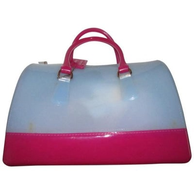 For sale is a fabulous, translucent light blue and hot pink, Furla 'Candy' jelly plastic, XL satchel: For sale is a fabulous, translucent light blue and hot pink, Furla 'Candy' jelly plastic, XL satchel with its 'Candy' tag, hot pink handles, base and accents! This retro style satchel from Furla is a