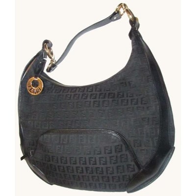 For sale is a Fendi, 'Chef', RARE, black Zucchino or small F logo print canvas and black leather, XL: For sale is a Fendi, 'Chef', RARE, black Zucchino or small F logo print canvas and black leather, XL hobo style shoulder bag with a front zip close pocket, a top zip closure with a large engraved Fend