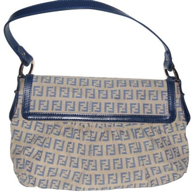 For sale is a Fendi, RARE, blue small F logo print on tan canvas and navy leather, hobo style: For sale is a Fendi, RARE, blue small F logo print on tan canvas and navy leather, hobo style shoulder bag with bold gold accents and rings engraved 'Fendi'! This purse will look great with everything
