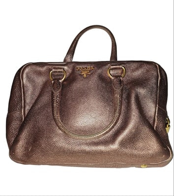 For sale is an authentic, Prada, pink rose gold leather, retro, large size, gorgeous, satchel: For sale is an authentic, Prada, pink rose gold leather, retro, large size, gorgeous, satchel style, shoulder bag with a zip top closure, dual shoulder straps, and a buckled front tag, loc