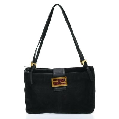 For sale is a Limited Edition, Fendi, black suede and leather satchel style shoulder bag with a red: For sale is a Limited Edition, Fendi, black suede and leather satchel style shoulder bag with a red and gold sparkle enamel and gold FF logo clasp, multiple compartments, two adjustable leather straps