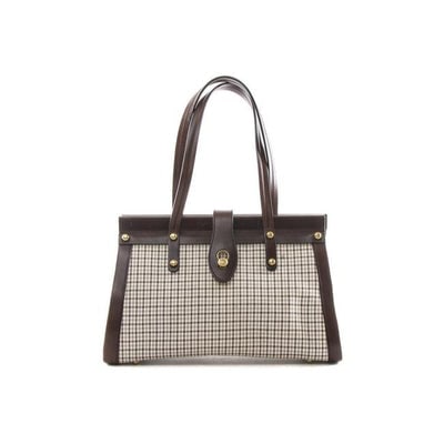 * For sale is a Bally, Brown leather & Brown and Bluish Grey plaid canvas, leather hinged top,: * For sale is a Bally, Brown leather & Brown and Bluish Grey plaid canvas, leather hinged top, two handle, satchel style, shoulder bag with unique, plaid design in browns and blues on a white body