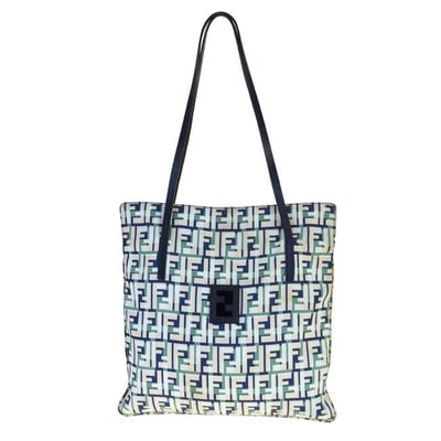 For sale is a unique, Fendi, blue, green, and white Zucco print canvas and navy leather, tote or: For sale is a unique, Fendi, blue, green, and white Zucco print canvas and navy leather, tote or satchel style purse with two leather straps, a top snap closure, chrome hardware, and a navy enamel FF