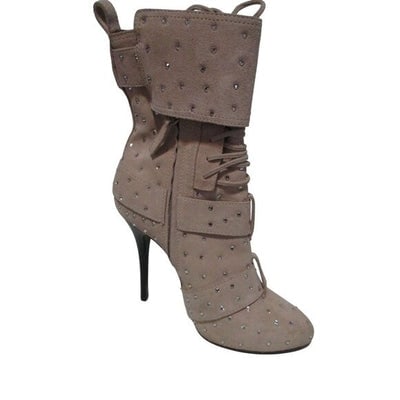 Rhinestone Studded! Guiseppe Zanotti Tan Beige Suede Booties - Size 37. NWOT. Made in Italy. 4-1/2" (1 of 4)