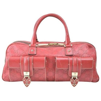 * For sale is a RARE, limited edition, GUCCI, red Guccissima print embossed leather, XL satchel: * For sale is a RARE, limited edition, GUCCI, red Guccissima print embossed leather, XL satchel style Joy Boston bag with red enamel and gold heart accents, two handles, a dual top zip closure, and tw