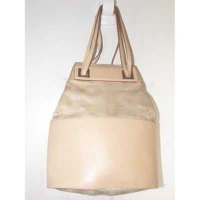 For sale is a Salvatore Ferragamo, pale pink/nude leather and blush Gancini print canvas, drawstring: For sale is a Salvatore Ferragamo, pale pink/nude leather and blush Gancini print canvas, drawstring top, bucket purse with chrome hardware, lots of room, and interior pockets! This unique, drawstring