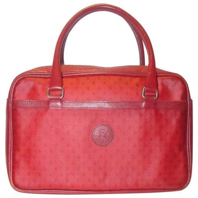 For sale is an early FENDI SAS, true red small F or 'Zucchino' logo print canvas and leather,: For sale is an early FENDI SAS, true red small F or 'Zucchino' logo print canvas and leather, satchel style top handle or shoulder purse with chrome hardware, exterior pockets, a top zip closure, and
