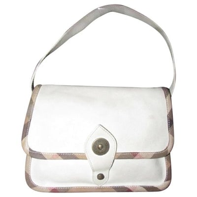 For sale is a Burberry, supple white leather shoulder bag with nova check plaid canvas trim, an: For sale is a Burberry, supple white leather shoulder bag with nova check plaid canvas trim, an envelope top, magnetic snap closure, exterior back pocket, and engraved brass hardware! This is a gorgeo