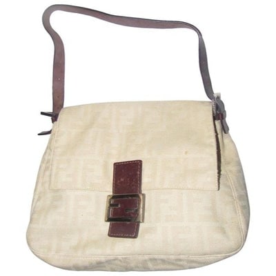 For sale is an amazing, Fendi, 'Mamma Zucco' style, large 'F' logo print fabric in shades of tan and: For sale is an amazing, Fendi, 'Mamma Zucco' style, large 'F' logo print fabric in shades of tan and brown leather, envelope top, large size, baguette style, shoulder purse with chrome hardware! This