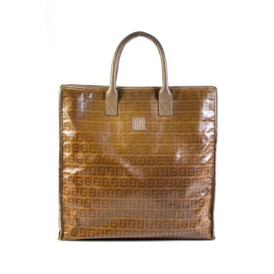 For sale is a vintage, AMAZING, Fendi, brown Zucchino print tote on coated canvas with a dark: For sale is a vintage, AMAZING, Fendi, brown Zucchino print tote on coated canvas with a dark yellow, almost copper background, brown textured leather, two, hard rolled, leather, handles, a roomy blac