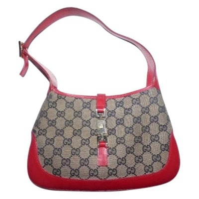* For sale is a Gucci, brown large G logo fabric body & red leather on bottom, strap, and trim,: * For sale is a Gucci, brown large G logo fabric body & red leather on bottom, strap, and trim, Jackie- O style, hobo shoulder bag, with chrome closure! It is a the classic mod style from Gucci in