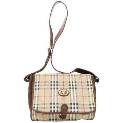 For sale is an early, Burberry's, Haymarket Nova Check, brown/red/white/ black plaid with knights: For sale is an early, Burberry's, Haymarket Nova Check, brown/red/white/ black plaid with knights coated canvas and suede, extra large, two way style cross body or shoulder bag with an envelope top, g