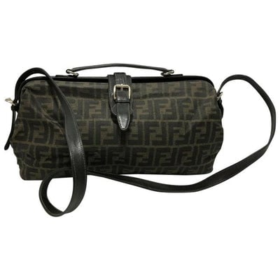 ONE OF A KIND STYLE! For sale is an early Fendi SAS, tobacco Zucco or large F logo print coated: ONE OF A KIND STYLE! For sale is an early Fendi SAS, tobacco Zucco or large F logo print coated canvas in shades of brown and brown leather XL two way style satchel or cross body/shoulder purse with a
