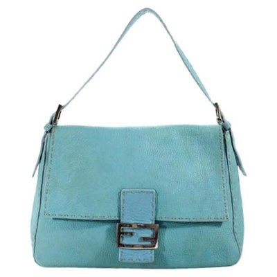 For sale is an amazing, Fendi, 'Mamma Forever' large size, shoulder purse made of super soft light: For sale is an amazing, Fendi, 'Mamma Forever' large size, shoulder purse made of super soft light turquoise blue, Selleria leather with taupe contrast stitching, chrome hardware, an envelope top, and