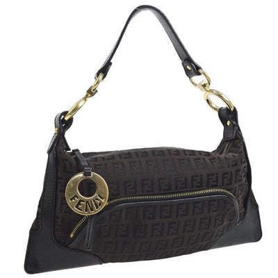 For sale is a Fendi, 'Chef', RARE, black Zucchino or small F logo print on brown canvas and black: For sale is a Fendi, 'Chef', RARE, black Zucchino or small F logo print on brown canvas and black leather, hobo style shoulder bag with a front zip close pocket, a top zip closure with a large engrave