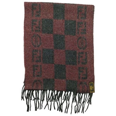 For sale is a Fendi Zucca logo print, 15" x 60", 100% wool scarf in dark red with a grey: For sale is a Fendi Zucca logo print, 15" x 60", 100% wool scarf in dark red with a grey checkerboard and Zucca logo design, 3" long fringe, and a super soft feel! This unique scarf by Fendi in a clas