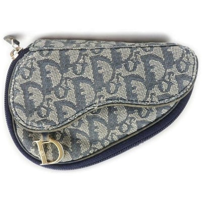 For sale is a unique Christian Dior, navy trotter print denim canvas and navy leather, petite,: For sale is a unique Christian Dior, navy trotter print denim canvas and navy leather, petite, 'saddle' bag shaped clutch style purse or cosmetic bag with engraved brass Dior logo hardware, and multip