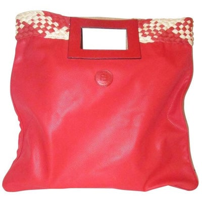 ONE OF A KIND VINTAGE FENDI! For sale is an early Fendi S.A.S., tomato red saffiano leather runway: ONE OF A KIND VINTAGE FENDI! For sale is an early Fendi S.A.S., tomato red saffiano leather runway or porthole tote or shopper that can be folded to be used as a clutch with woven red and ivory jute t