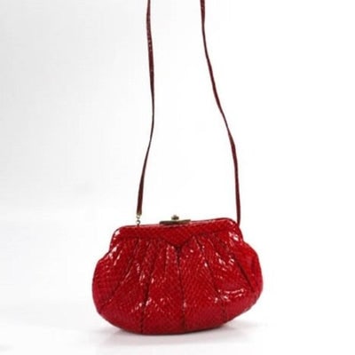 For sale is a vintage, AMAZING, early, Judith Leiber, red snakeskin leather, two way style clutch,: For sale is a vintage, AMAZING, early, Judith Leiber, red snakeskin leather, two way style clutch, cross body, or shoulder style evening bag with gold accents and a collapsible leather strap! This ear