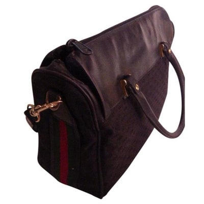 * For sale is a Gucci, RARE, black with small G logo print canvas/leather two -way- shoulder or: * For sale is a Gucci, RARE, black with small G logo print canvas/leather two -way- shoulder or satchel style purse with red and green striped accents on body and all the way around! It has two handle