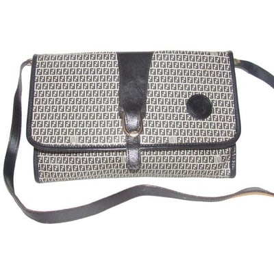 For sale is a vintage 1980's Fendi, navy small F print coated canvas fabric and navy leather,: For sale is a vintage 1980's Fendi, navy small F print coated canvas fabric and navy leather, envelope top, shoulder bag or clutch with gold tone equestrian accents and removable strap! This two-way,