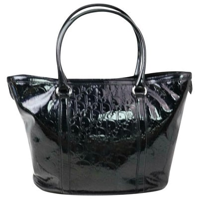 For sale is a Christian Dior, black glossy embossed trotter logo print enamel or patent leather XL: For sale is a Christian Dior, black glossy embossed trotter logo print enamel or patent leather XL satchel style purse or tote bag with two hard leather handles, a zip top closure, chrome hardware, an