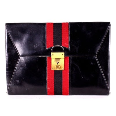 For sale is an amazing, vintage, Gucci, midnight blue leather, clutch, portfolio, or tablet holder: For sale is an amazing, vintage, Gucci, midnight blue leather, clutch, portfolio, or tablet holder with a wide, red and navy Sherry stripe, an envelope top, multiple compartments, exterior pockets, an