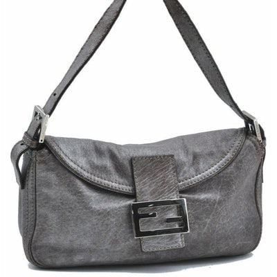 For sale is a Fendi, grey leather, double flap baguette style shoulder purse with a bronze wash, the: For sale is a Fendi, grey leather, double flap baguette style shoulder purse with a bronze wash, the FF snap detail, and chrome hardware! This is an edgy and unique take on the classic baguette style