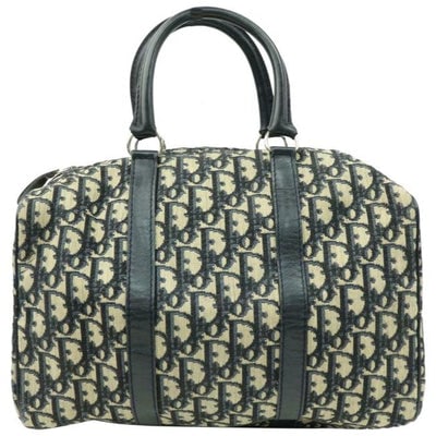 For sale is a Christian Dior, trotter style logo embroidered canvas in black, grey, ivory, and blues: For sale is a Christian Dior, trotter style logo embroidered canvas in black, grey, ivory, and blues and black leather satchel purse with two hard leather handles, a zip top closure, chrome hardware,