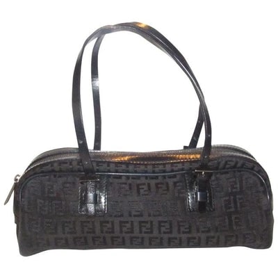 For sale is a FENDI, black small F or 'Zucchino' logo print canvas and leather shoulder purse with (1 of 4)