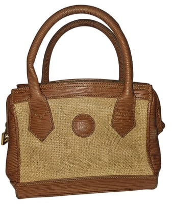 For sale is a unique, vintage, Fendi Raffia & Textured Brown Leather Two-Way Satchel! It has an: For sale is a unique, vintage, Fendi Raffia & Textured Brown Leather Two-Way Satchel! It has an ivory raffia front and back framed in brown textured leather with a beautiful pequin striped lining