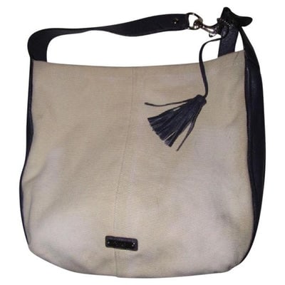 For sale is a Coach, 'Avery' extra large, hobo style, top snap, shoulder bag with an ivory colored: For sale is a Coach, 'Avery' extra large, hobo style, top snap, shoulder bag with an ivory colored canvas body and purplish blue leather frame on the sides, strap, and bottom, color block style, with